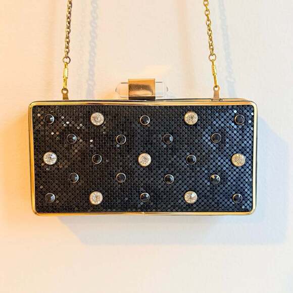 Whitiker Handbags - isti Whitiker Black Glitter Polka Dot Box Clutch with Gold Frame and Crystal Cla